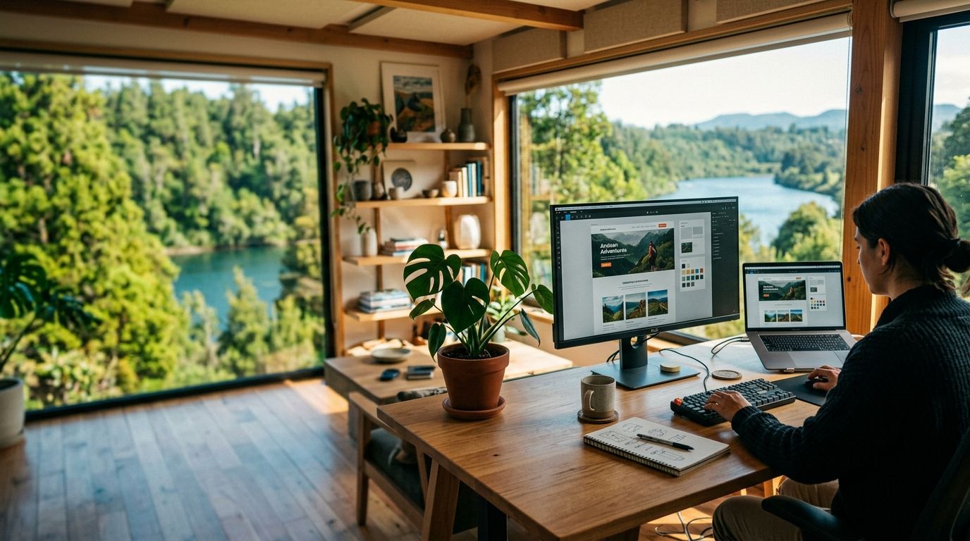 Espacio de trabajo Visoft con vista a la naturaleza austral de Valdivia